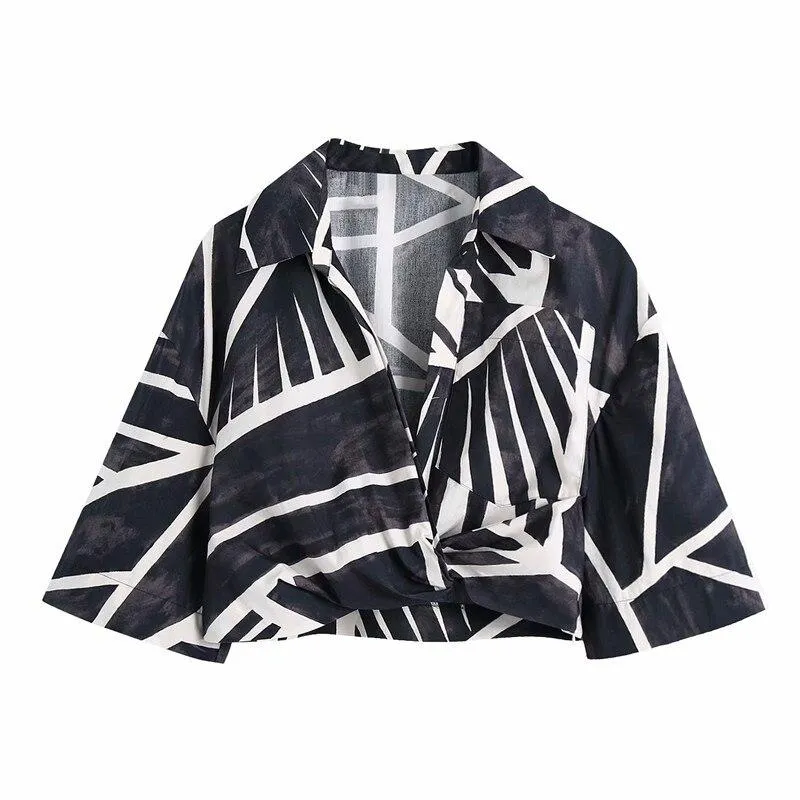 PUWD Casual Women Turn-down Collar Blouse 2021 Spring-autumn Fashion Ladies High Street Shirt Female Printed Cropped Shirt