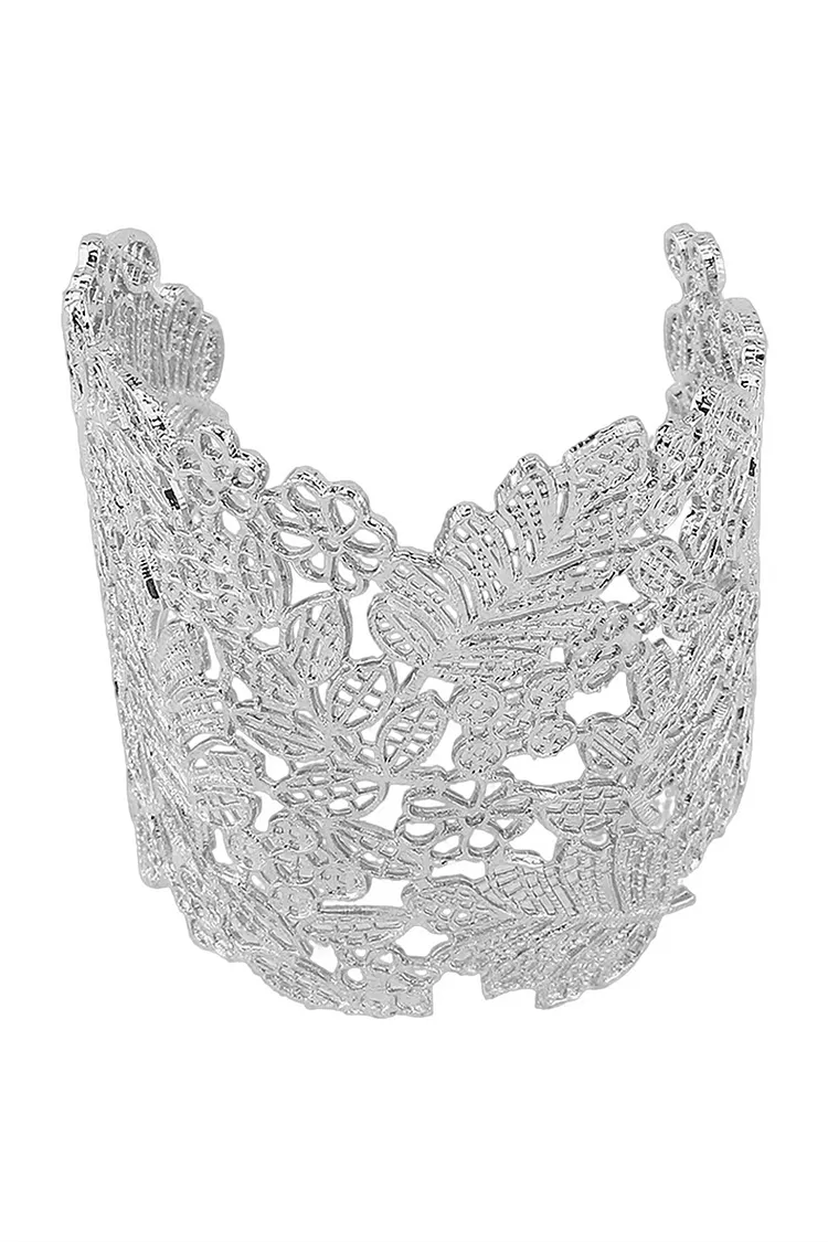 Flower Leaf Pattern Hollow Out Metallic Sheen Open Bracelet