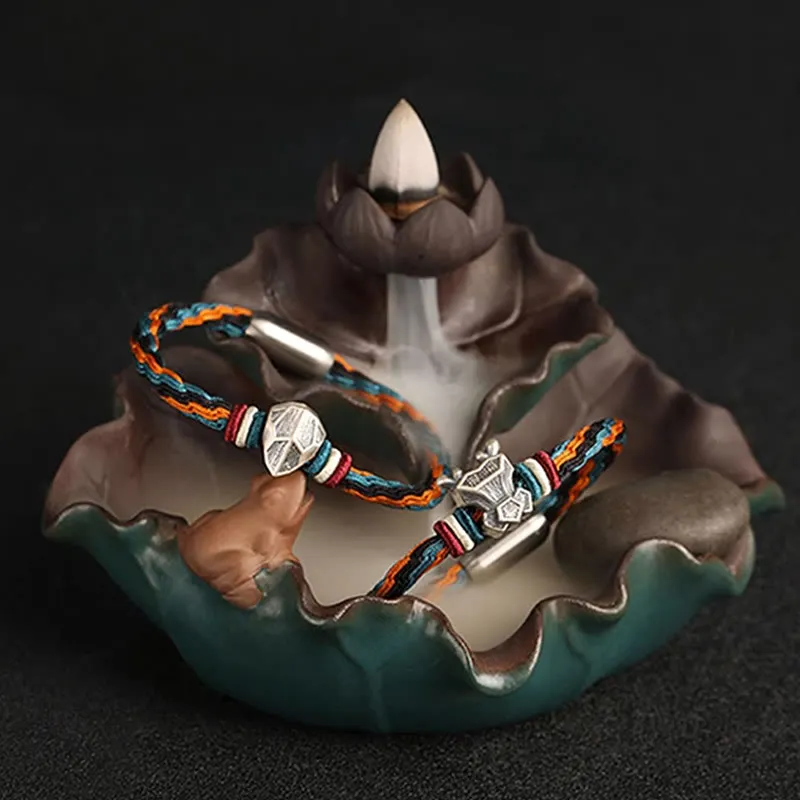 Handmade 999 Sterling Silver Year of the Dragon Chinese Zodiac Protection Colorful Reincarnation Knot Rope Bracelet