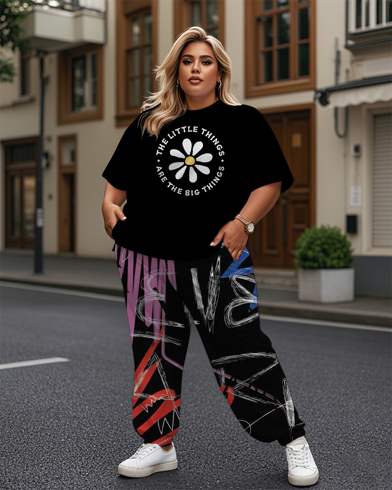 Women's Plus Size Lletter Print T-Shirt and Graffiti Trousers Suit