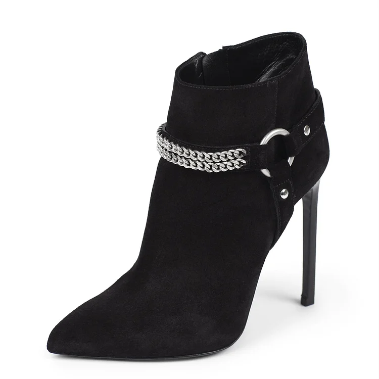 Black Suede Boots Pointy Toe Chain Stiletto Heel Fashion Ankle Booties |FSJ Shoes