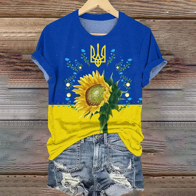 Simpfit Kurzärmliges T-Shirt mit ukrainischem Sonnenblumen-Print für Damen