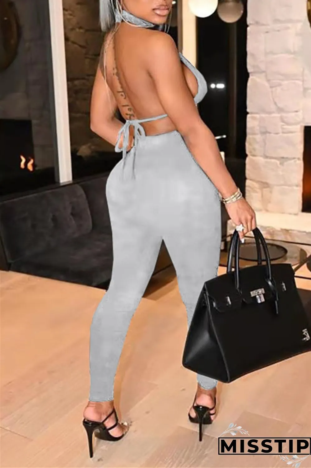 Red Fashion Sexy Solid Hollowed Out Backless Turtleneck Sleeveless Two Pieces