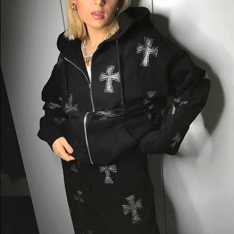 Jangj Rhinestone Print Grunge Loose Jackets Gothic Streetwear Front Pocket Oversized Hooded Coats Autumn Y2K Fashion Cute Clothes 90s