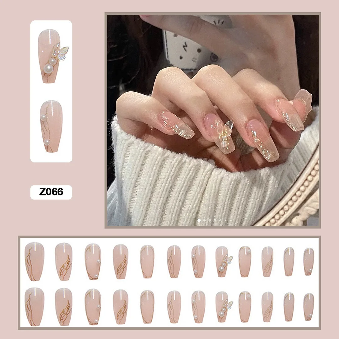 24pcs Stereoscopic Butterfly Light Luxury Elegant Nude Lady Style Removable Nail False Nail Manicure Tool-Nail Inspo