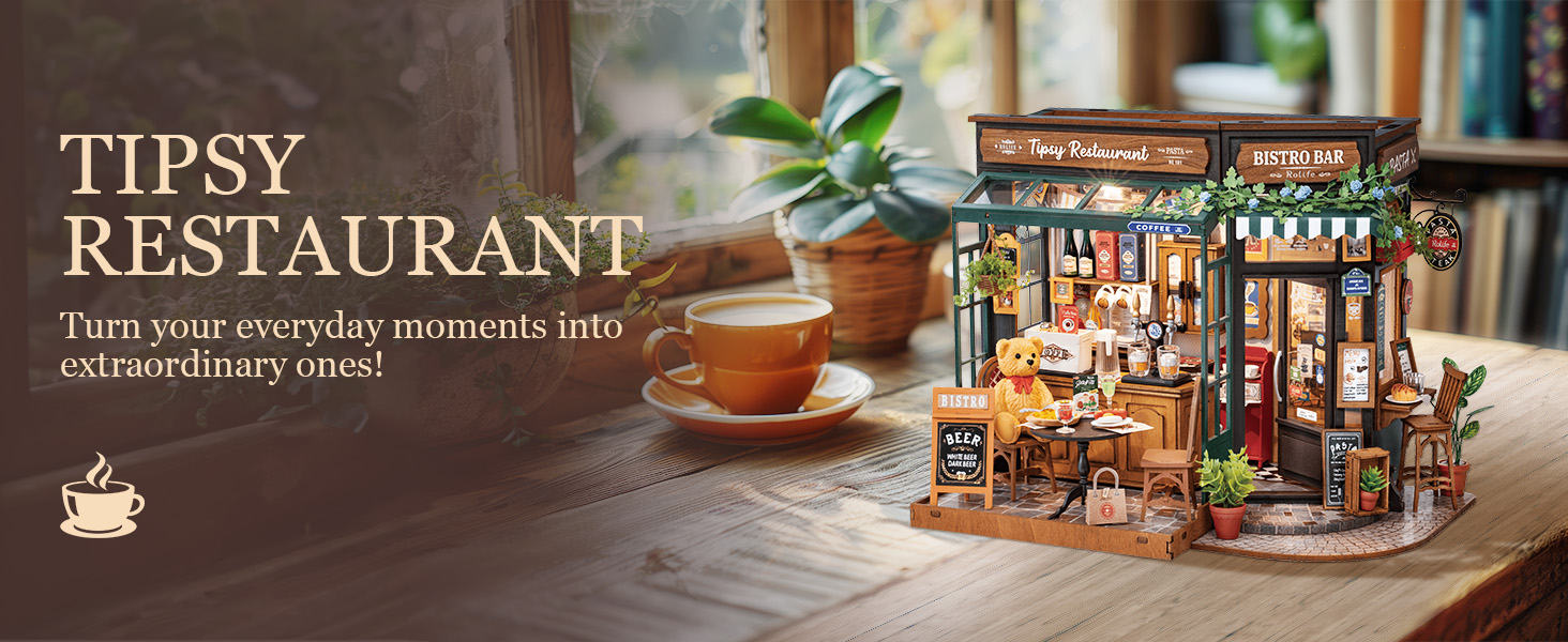 Tegooe 3D Wooden Puzzle Miniature Dollhouse Kit - Bistro Bar with LED Lights