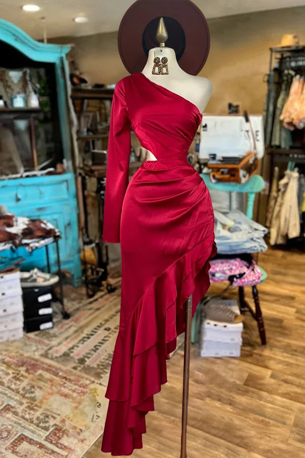 Satin One Shoulder Cutout Ruffle Dress