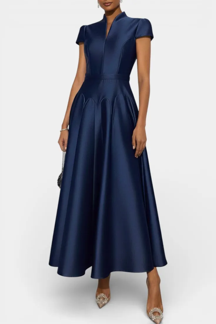 Mandarin Collar Satin Maxi with Structured Flare