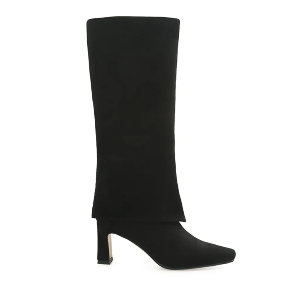 70mm Block Heel Mid-tube Fashion Boots Black Suede-vocosishoes