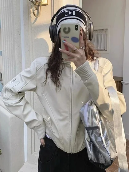 Vintage PU Leather Short Jackets Women Harajuku Kpop Zipper Motorcycle Coats Techwear Loose Crop Outwear Y2K Streetwear