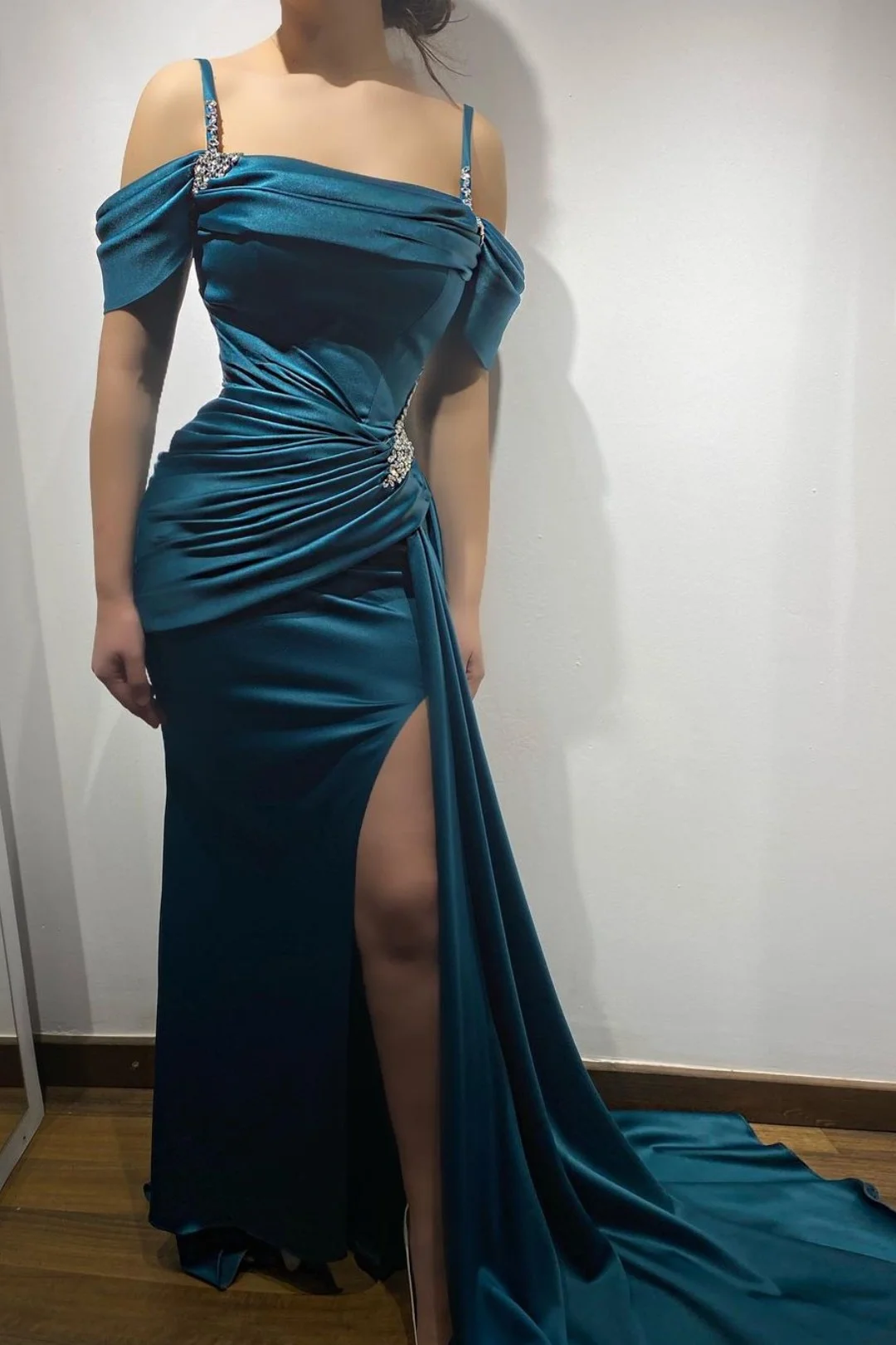Ink Blue Prom Dress Spaghetti Strap Charmeuse With Sleeveless High Slit YL0280