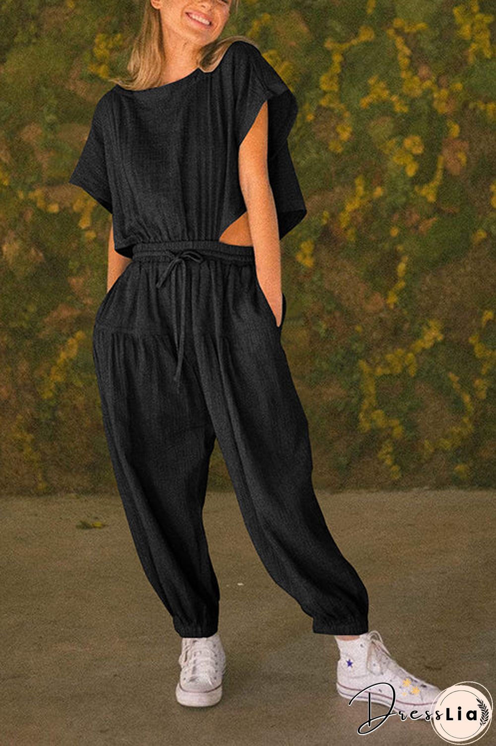 Slit Back Solid Drawstring Jumpsuit