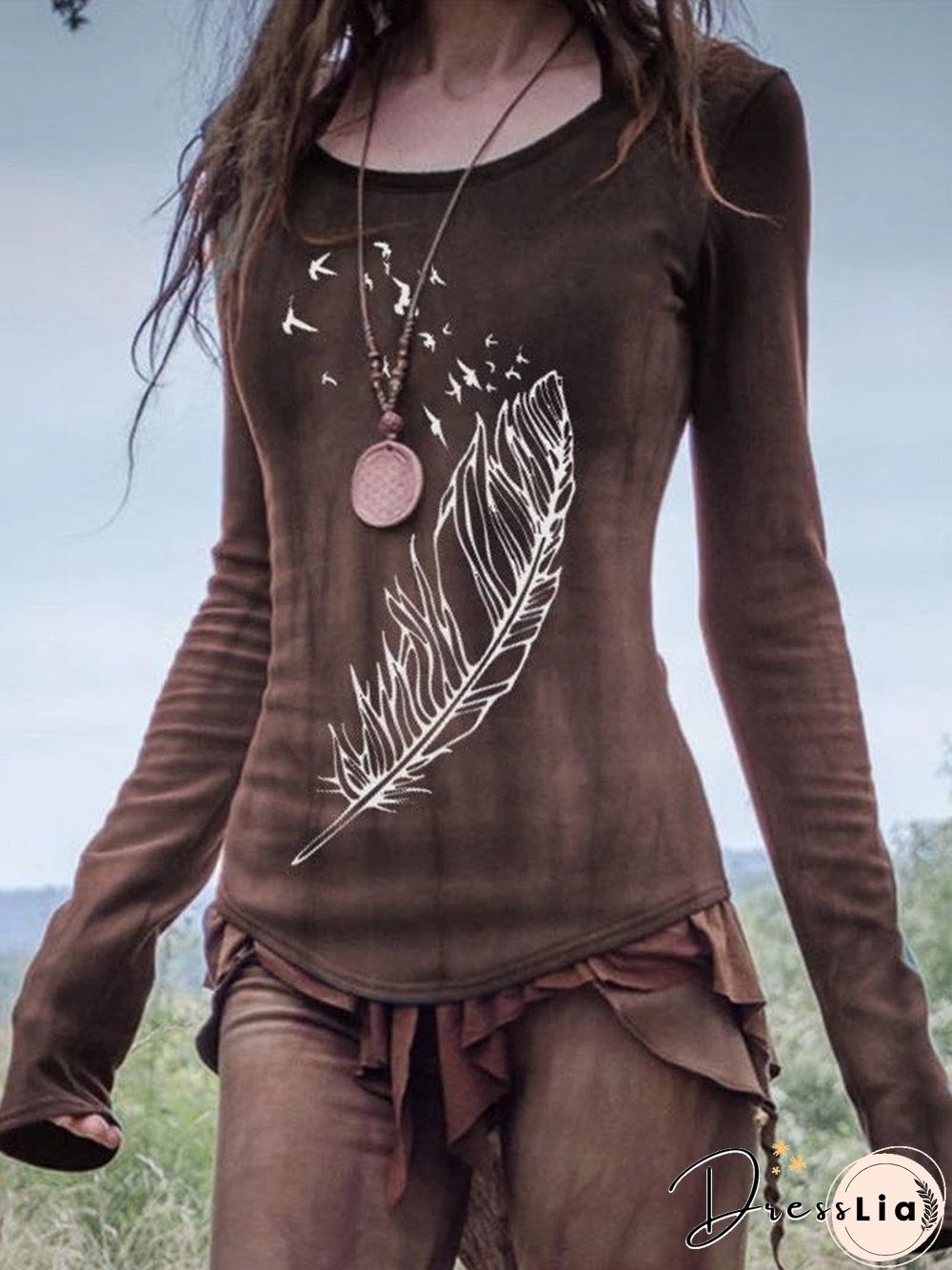 Vintage Leaves Printed Long Sleeve Top