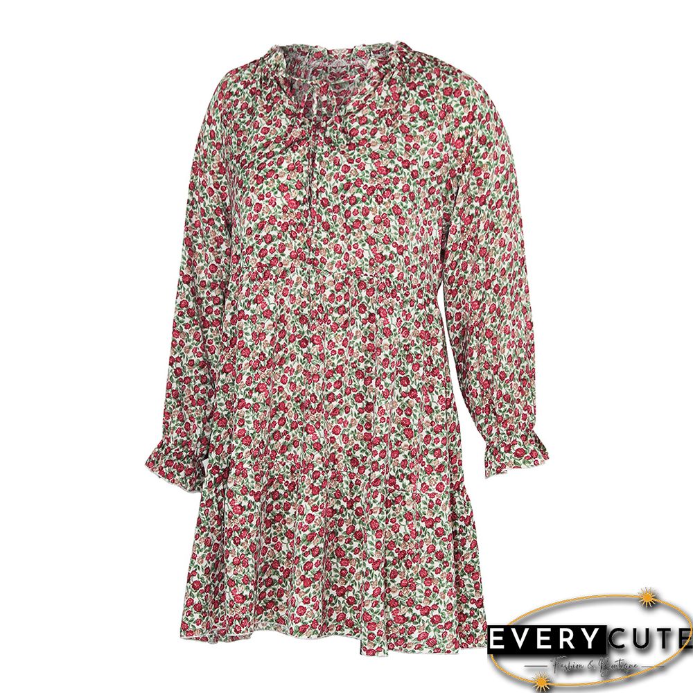 Pink Floral Print Lace-up Long Sleeve Dress