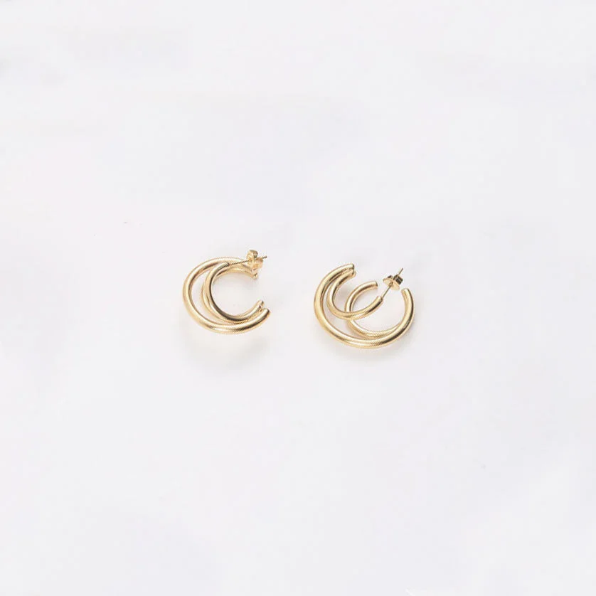 Glossy Gold Tone Plated Triple Circle Double Hoop Earrings - Gold