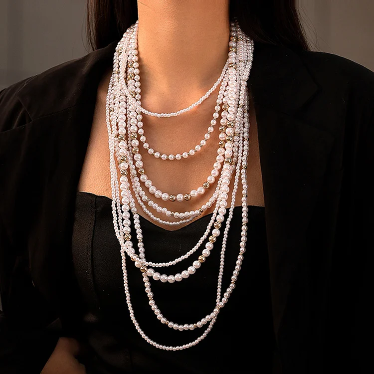Fashion Multi Layered Long Fringe Chain Pearl Necklace