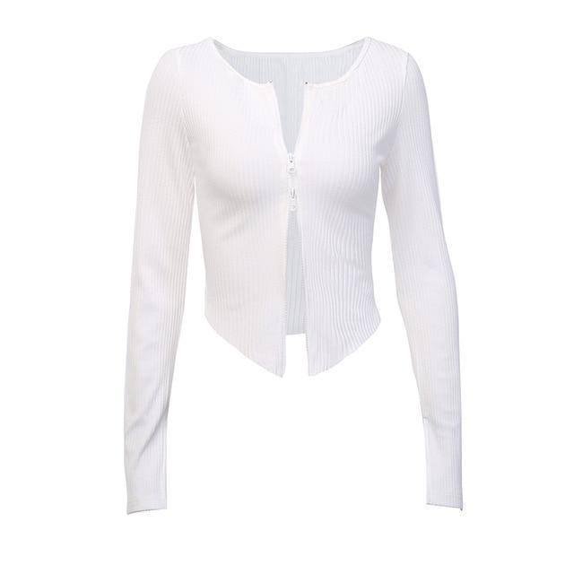 InstaHot White Black Zip Up T-shirt Ribbed Knitted Long Sleeve Strech Irregular Casual Sexy Women Autumn Tops Streetwear