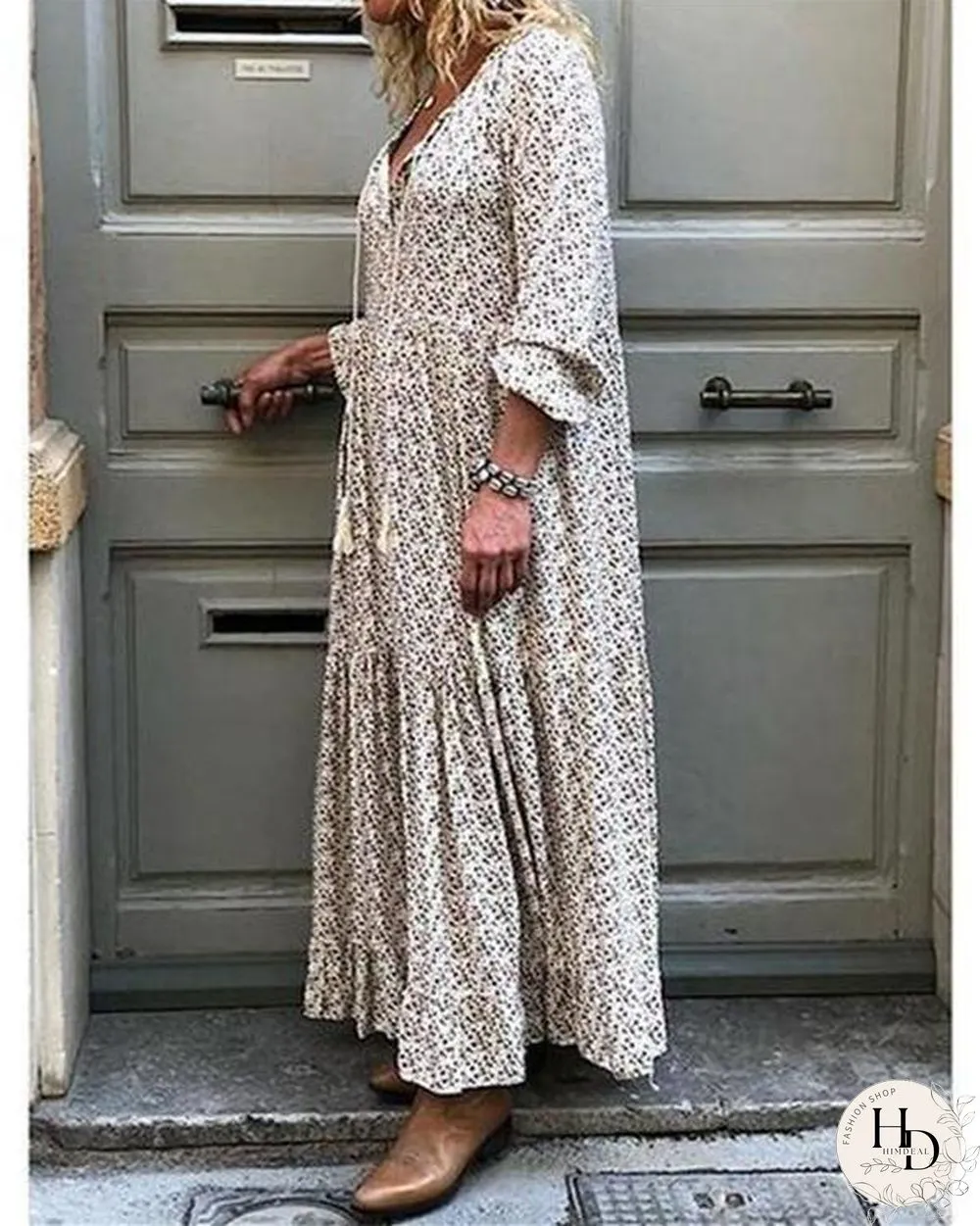 Women Shift Boho Floral Maxi Dresses Long Sleeve V Neck Dresses