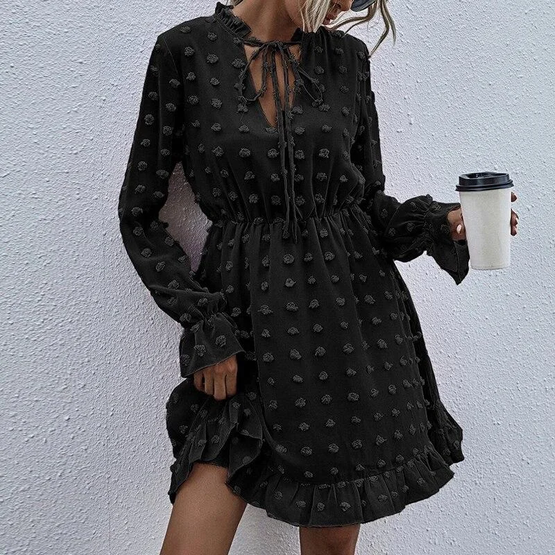 Women Spring Pompom Ruffle Dress Casual Flare Sleeve Lace Up A Line Dress Solid Female Chic Slim Street Office Midi Vestidos