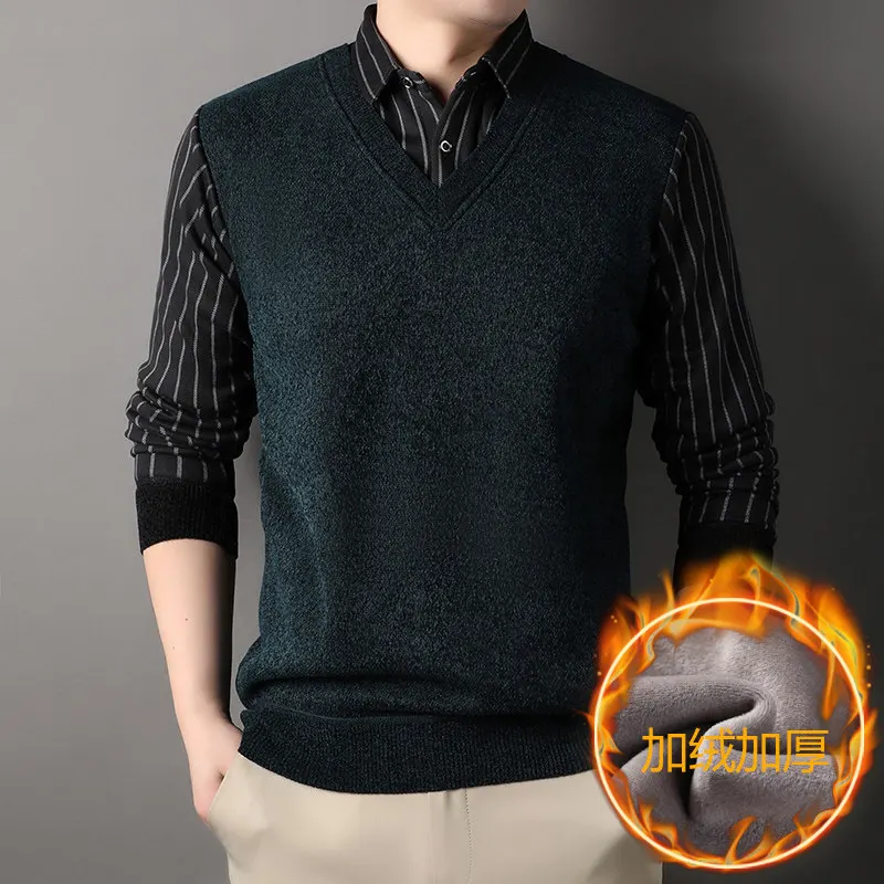 New Winter Men Casual Shirts Collar Sweaters Outwear Twinset Shirts Sweaters Knitted Pullovers Male Winter Fleece Sweaters 4XL