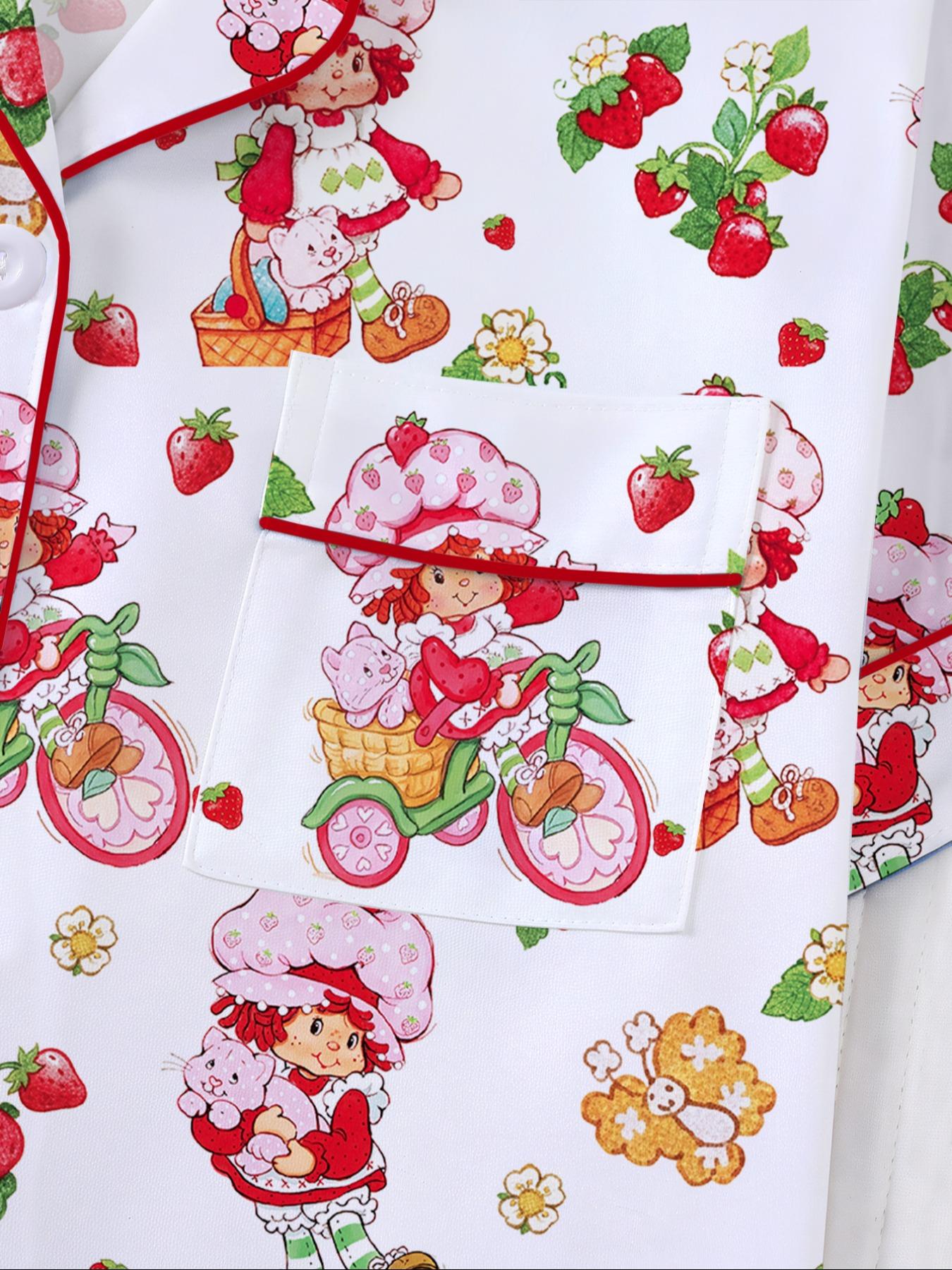 Women's Strawberry Cartoon Print Sleepwear Loungewear Set, Short Sleeve Button-Up Top & Elastic Shorts, Casual Home Wear for Daily Use