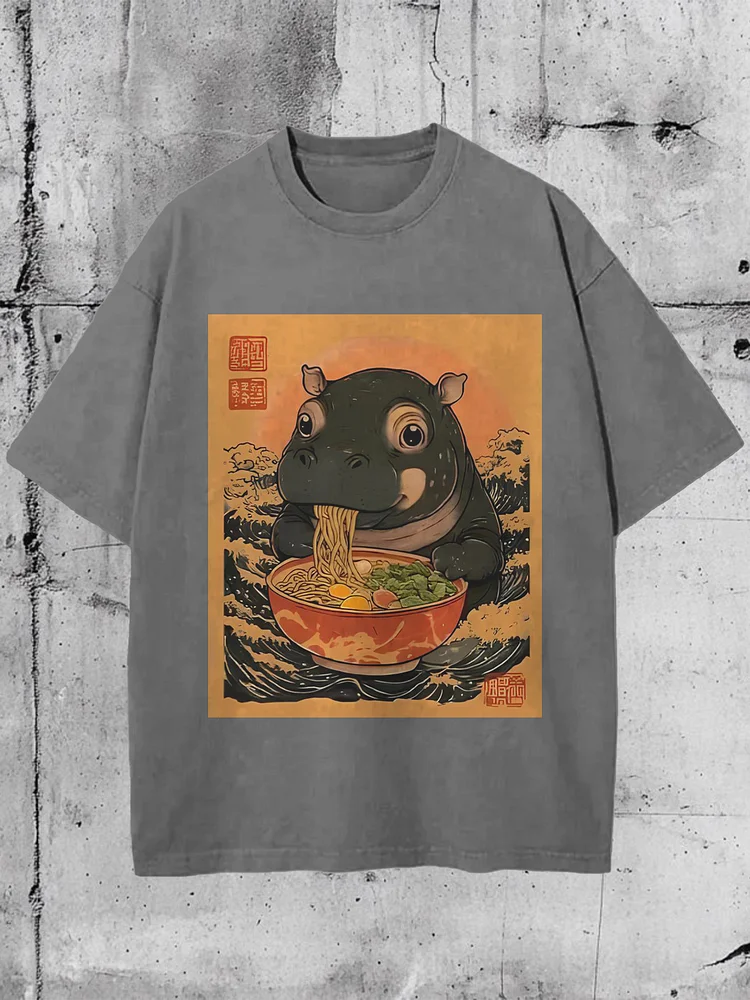 Men's Moo Deng Eating Ramen Print Cotton Washed T-Shirt