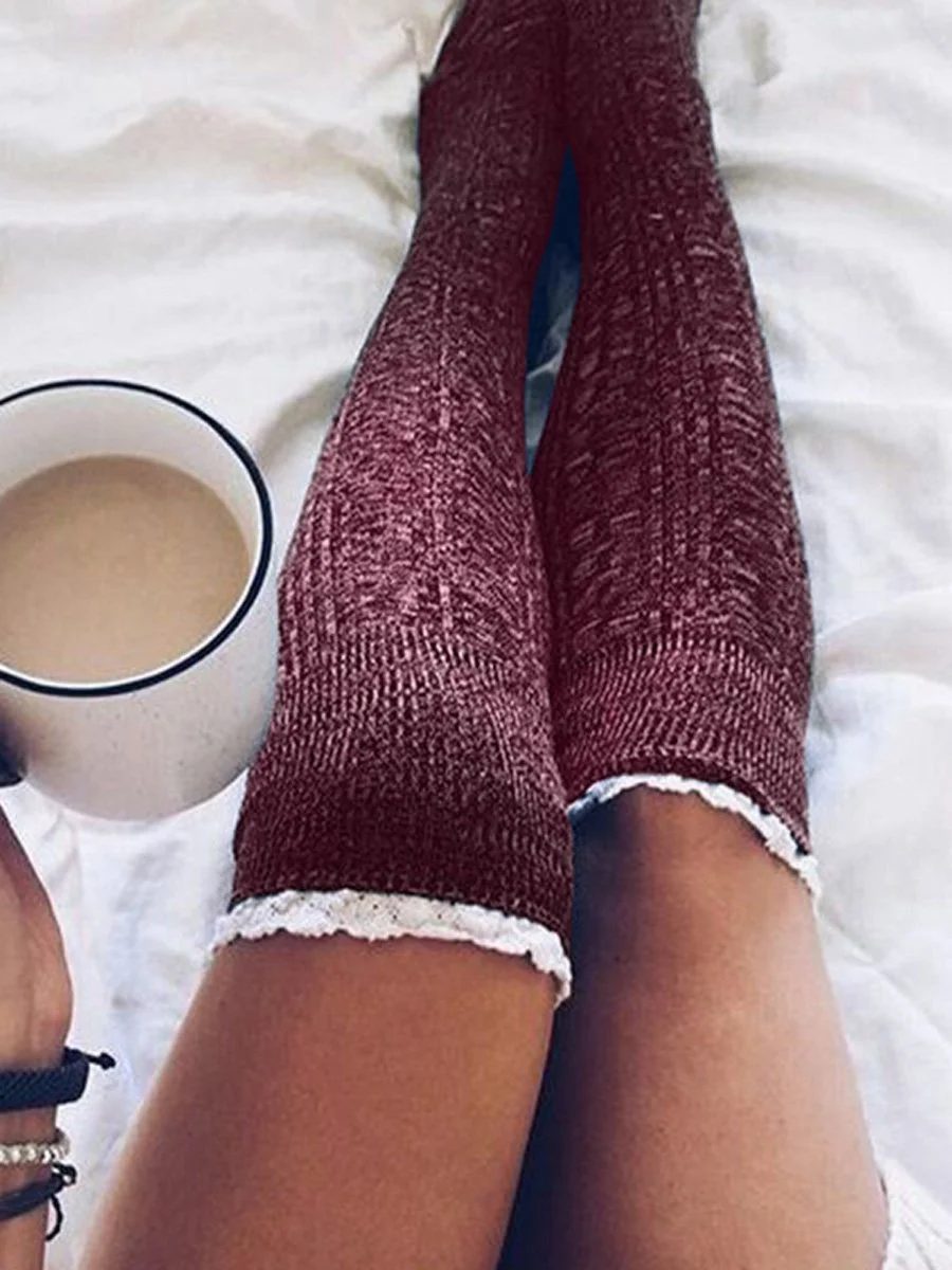 Lace Splicing Knitted Thigh-High Socks