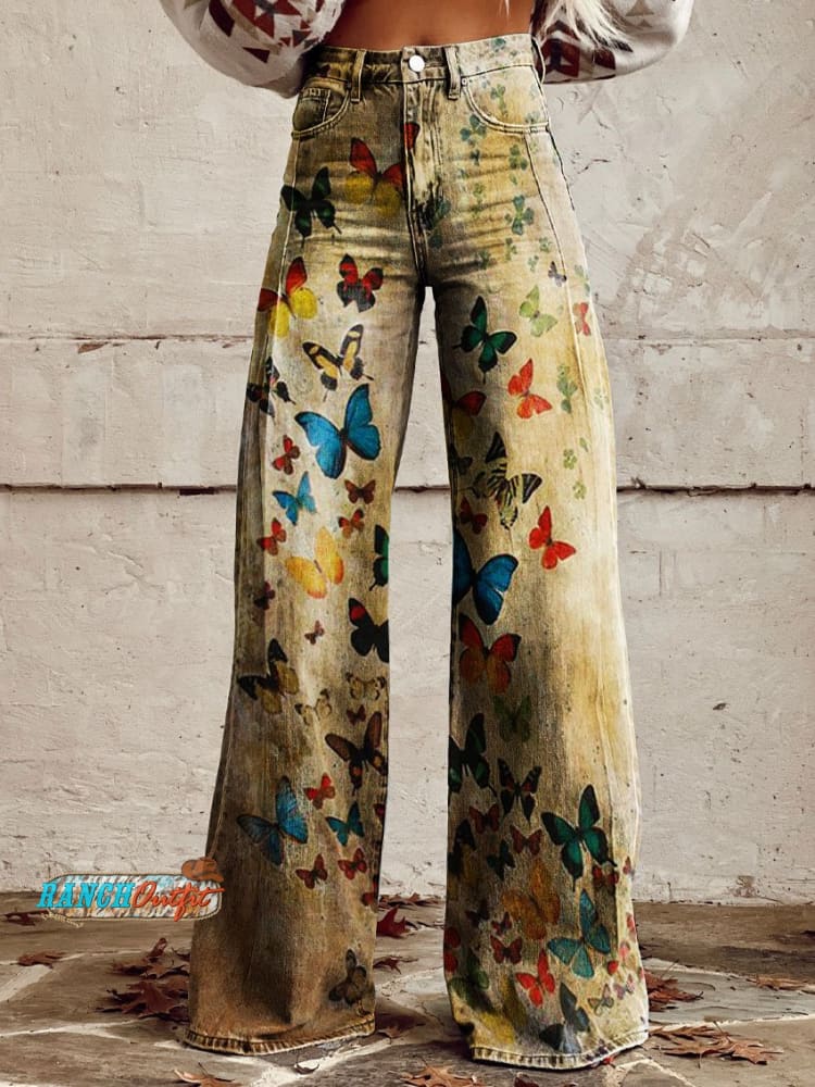 Women’s Vintage Wild West Butterfly Print Casual Wide Leg Pants Multicolor / S