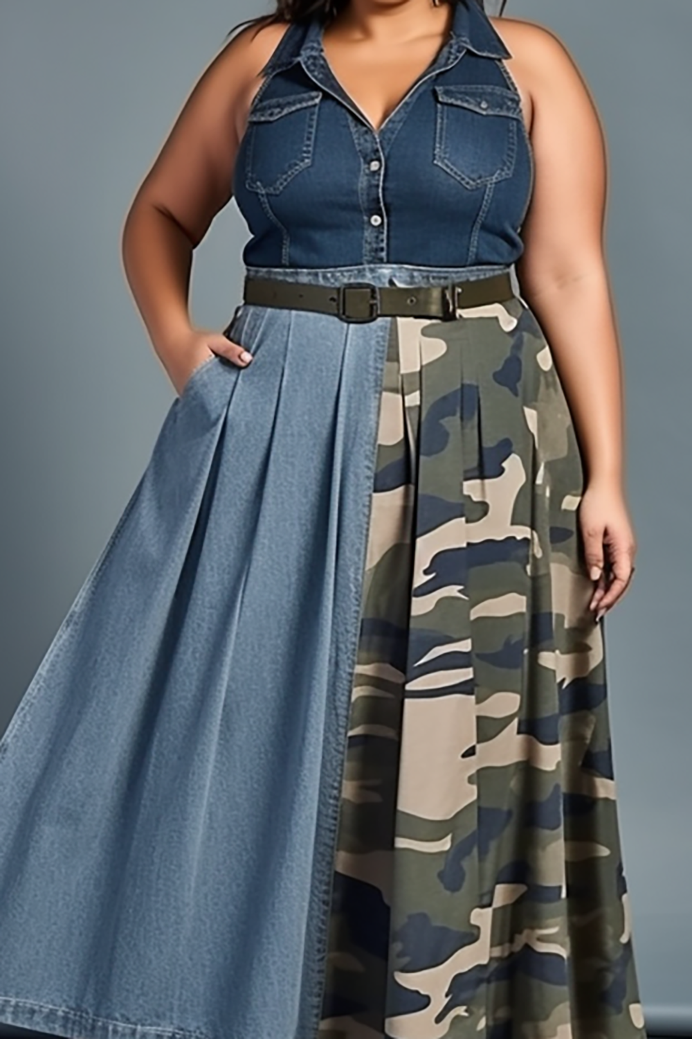 Design Plus Size Daily Light Blue Camo Halter Collar Contrast Pleated Pocket Tencel Denim Midi Dresses [Pre-Order]