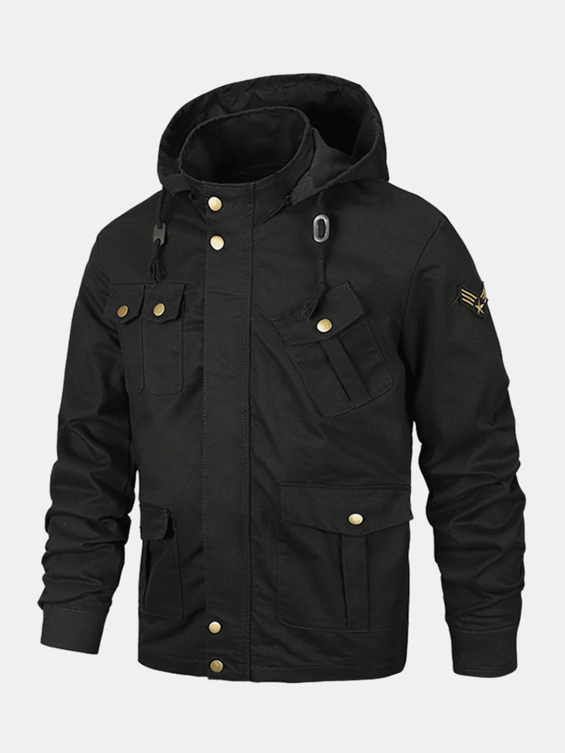 Mens Multi-Pocket Utility Cotton Washed Casual Cargo Jacket with Removable Hood