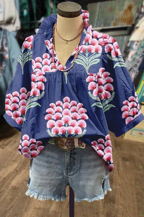 Classic Floral Print V-Neck Top