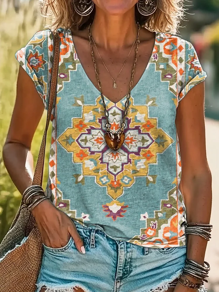 Bohemian Pattern Print 100%Cotton V-neck T-Shirt