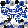 Birthday Decorations, Happy Birthday Banner with Birthday Balloons, Honeycomb Balls, Hanging Swirls, Circle Dots Garland, Happy Birthday Party Decorations for Women Men Boys Girls (Blue&Silver)
