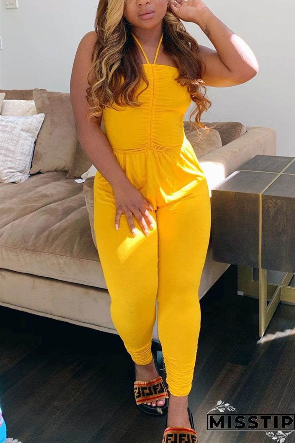 Yellow Sexy Slip Solid backless Draped Plus Size