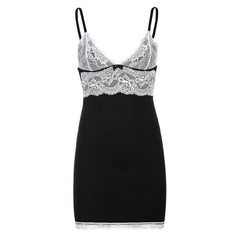 Sweetown Goth Aesthetic Black Woman Dress Patchwork Lace Bow 90s Cute Kawaii Clothes Sleeveless V Neck Sexy Girl Mini Dresses