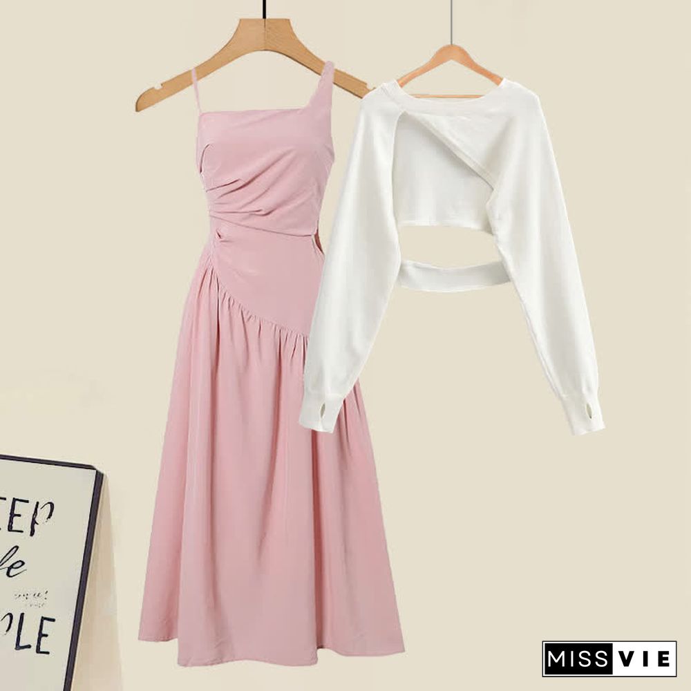 Irregular Hollow Out Top A-line Ruffled Slip Dress