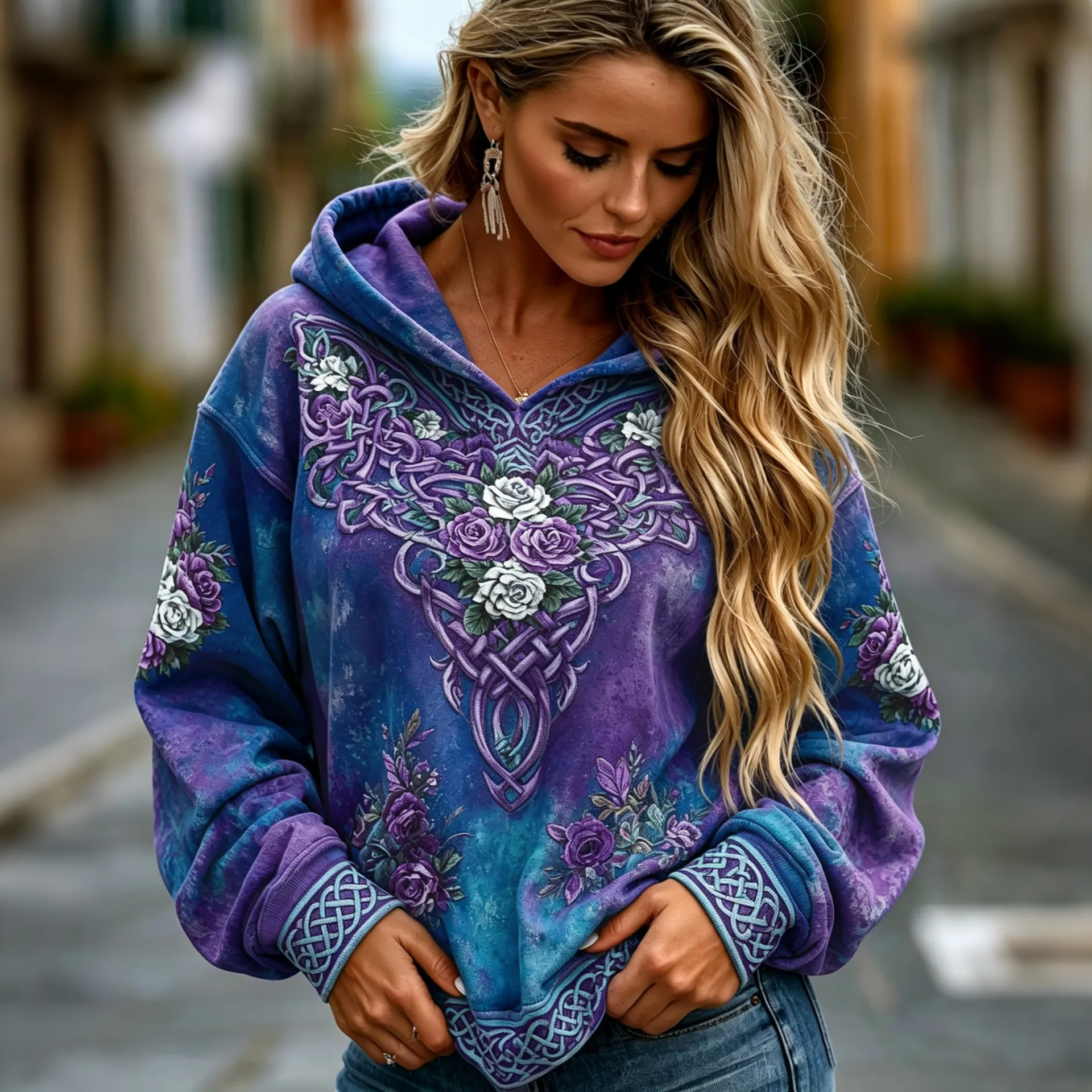 Comstylish Women's Vintage Viking Celtic Knot And Rose Print Comfortable Warm Hoodie