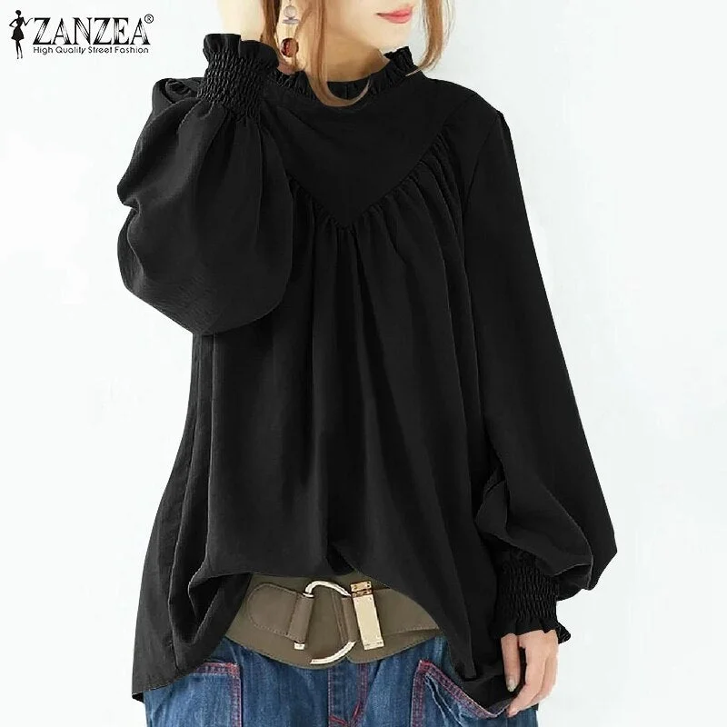 ZANZEA 2021 Women Fashion Casual Office Shirt Solid Chemise Femme Clothing Plain Ruffles Work Blusa Autumn Puff Sleeve Blouse