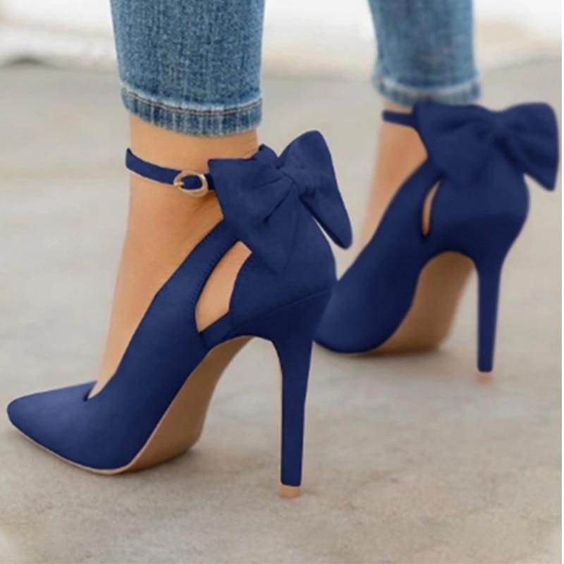 Pumps Pointed Toe Stiletto High Heels Buckle Strap Bowknot Shoes