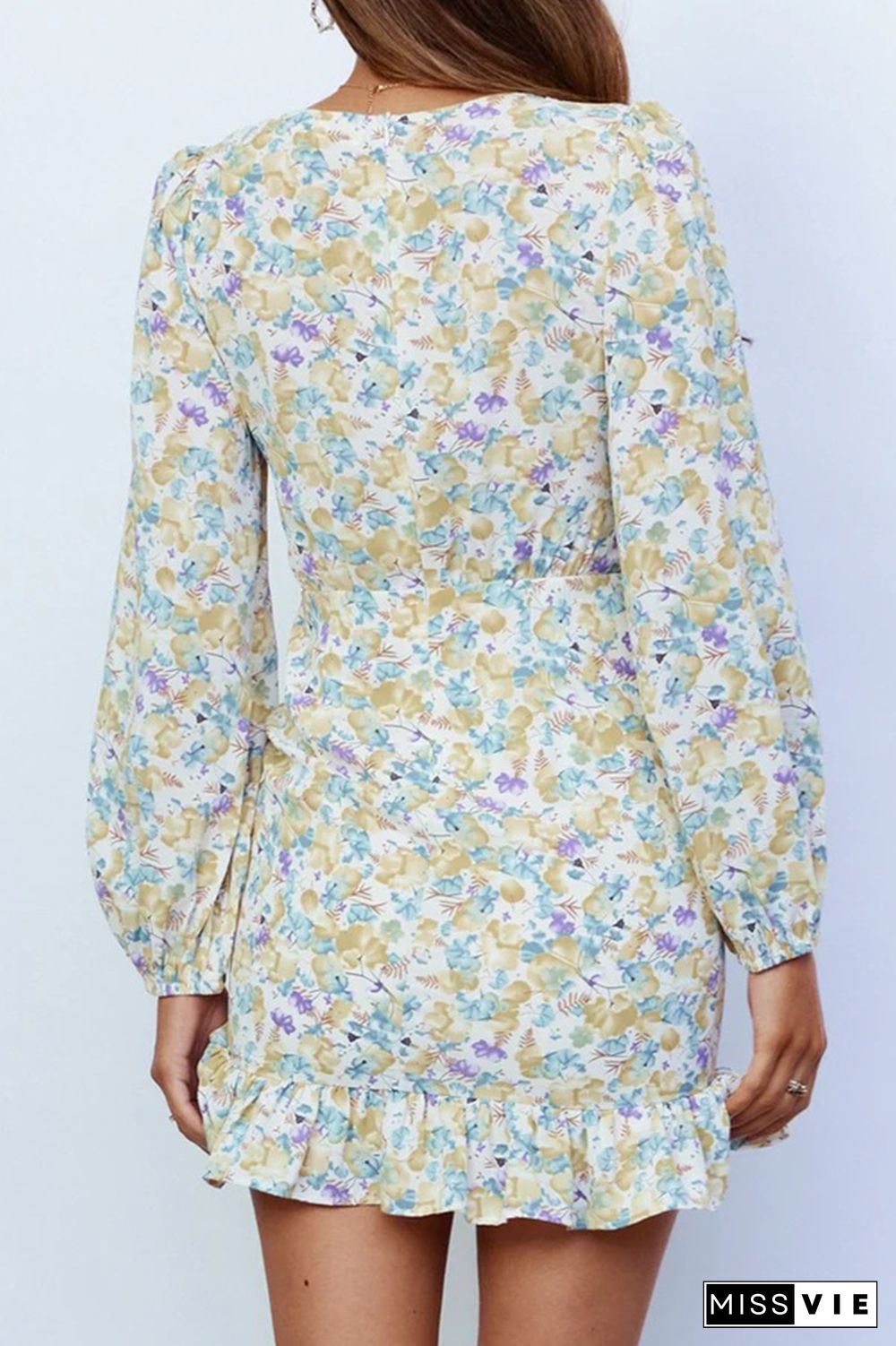 Fashion Elegant Floral Draw String Flounce V Neck Dresses