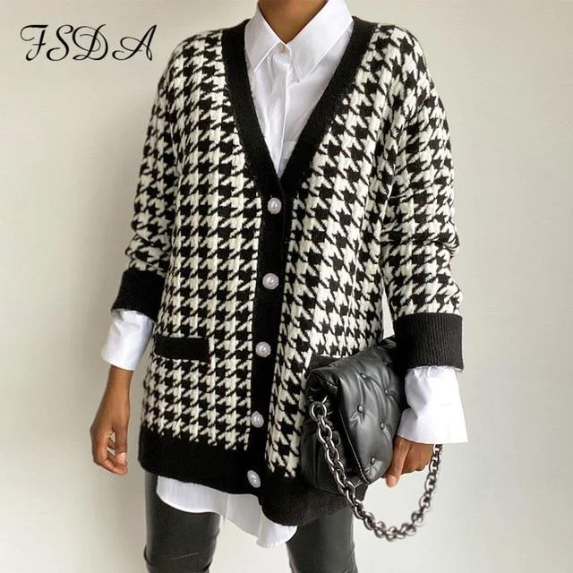 FSDA V Neck Women Button Black Houndstooth Cardigan  Long Sleeve Sweater Autumn Winter Knitted Loose Oversized Jumper Casual