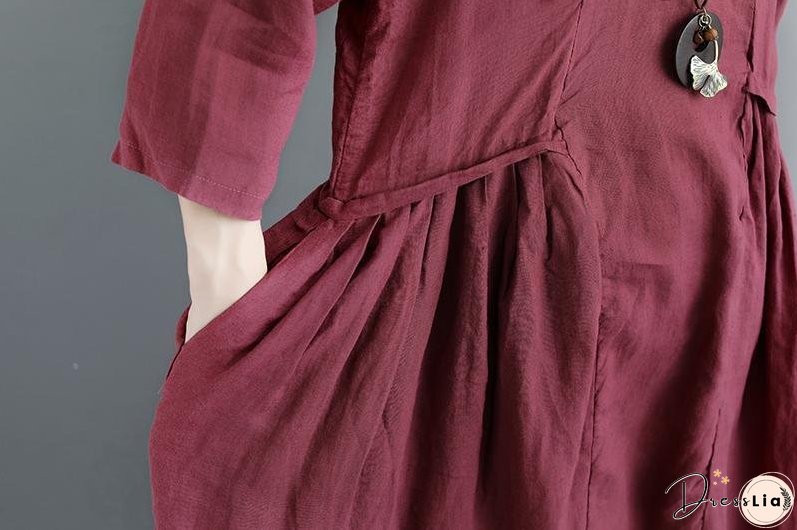 Summer Short Sleeve Buttons Pockets Purple Pleated Retro Dress