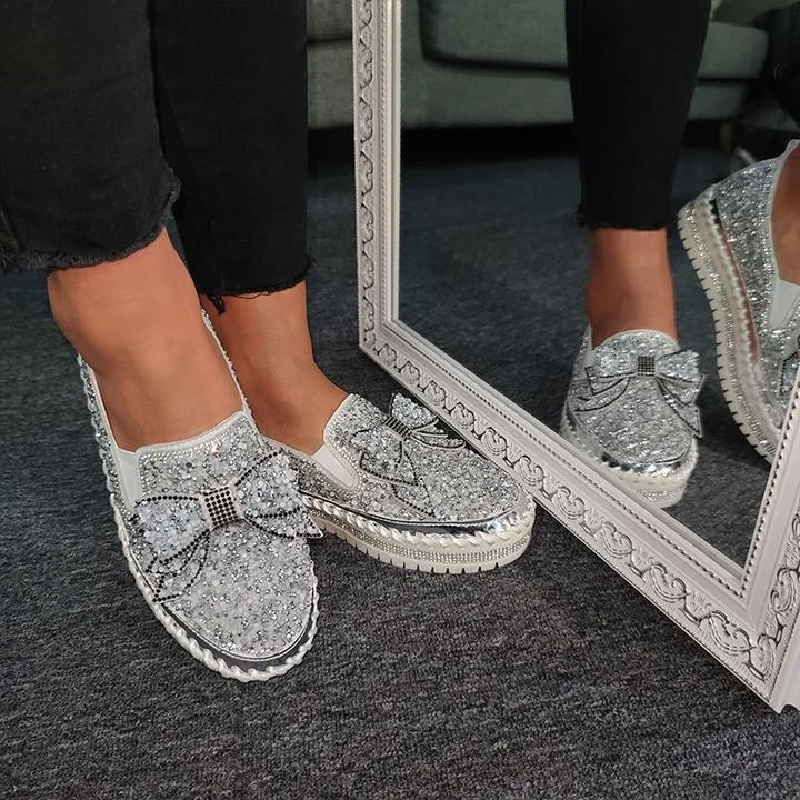 Women Shining Rhinestone Slip-on Loafers with Cute Bowknot