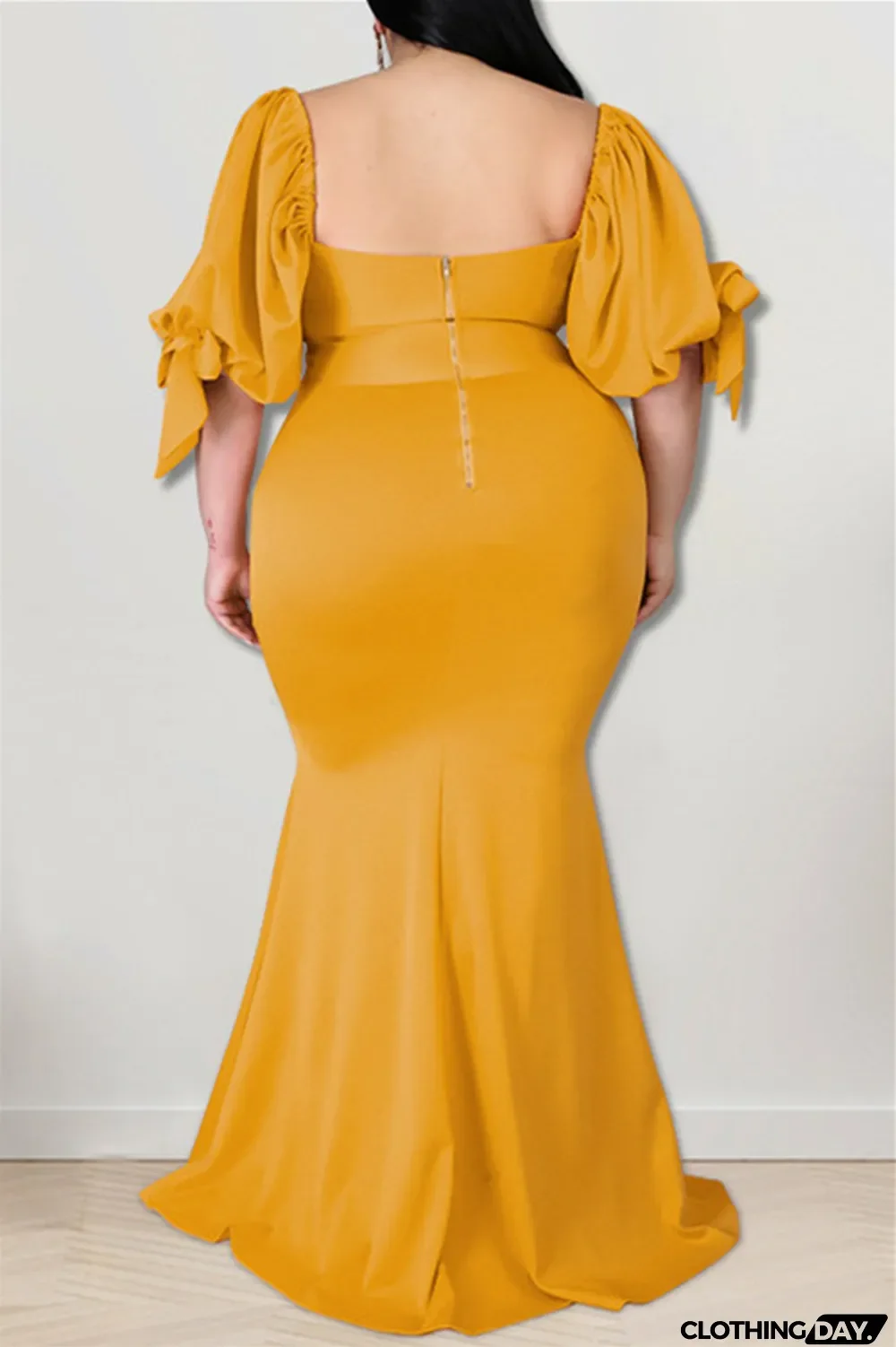Yellow Fashion Sexy Plus Size Solid Backless Slit Square Collar Evening Dress