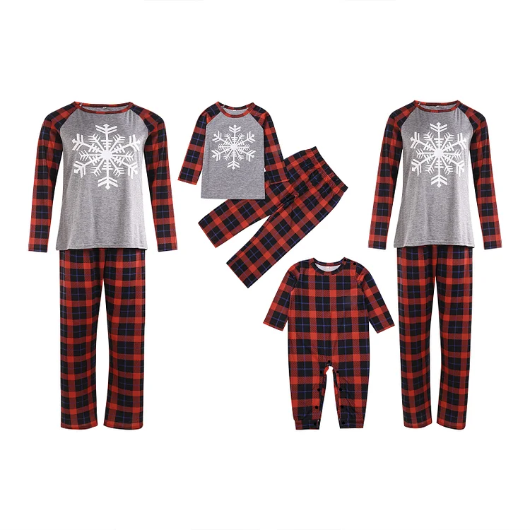 Merry Christmas Snowflake Printing Plaid Family Matching Pajamas Set