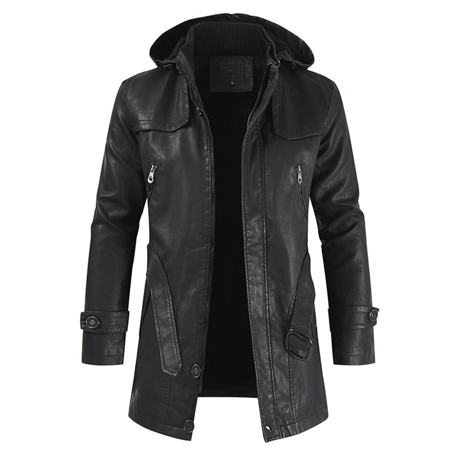 Men Jacket Regular Fit With Hood(detachable Hat)/stand-up Collar Solid Color Men Leather Jacket