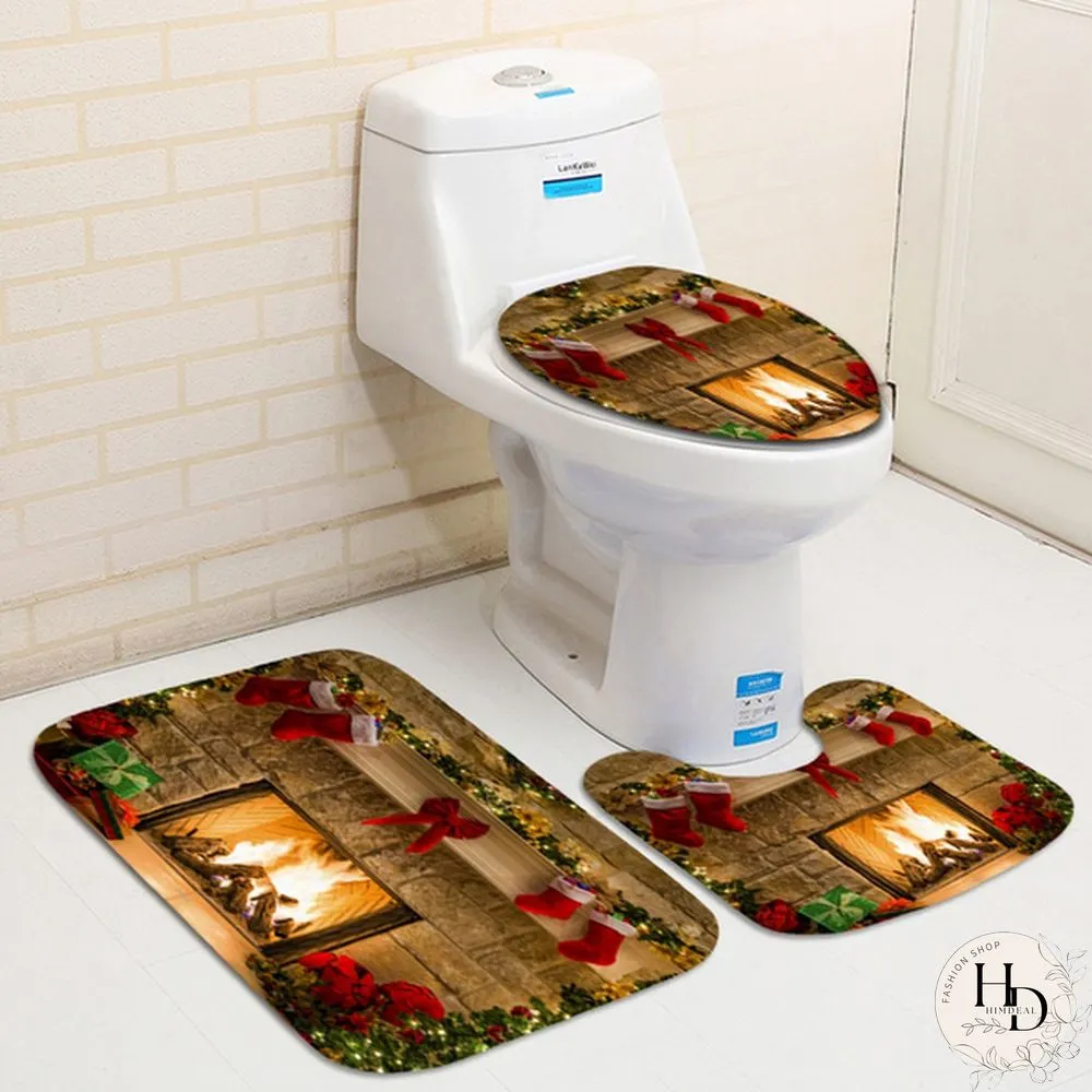 Watershed Christmas Shower Curtains Bath Mat Set Xmas Eve Fireplace Gifts Red Socks