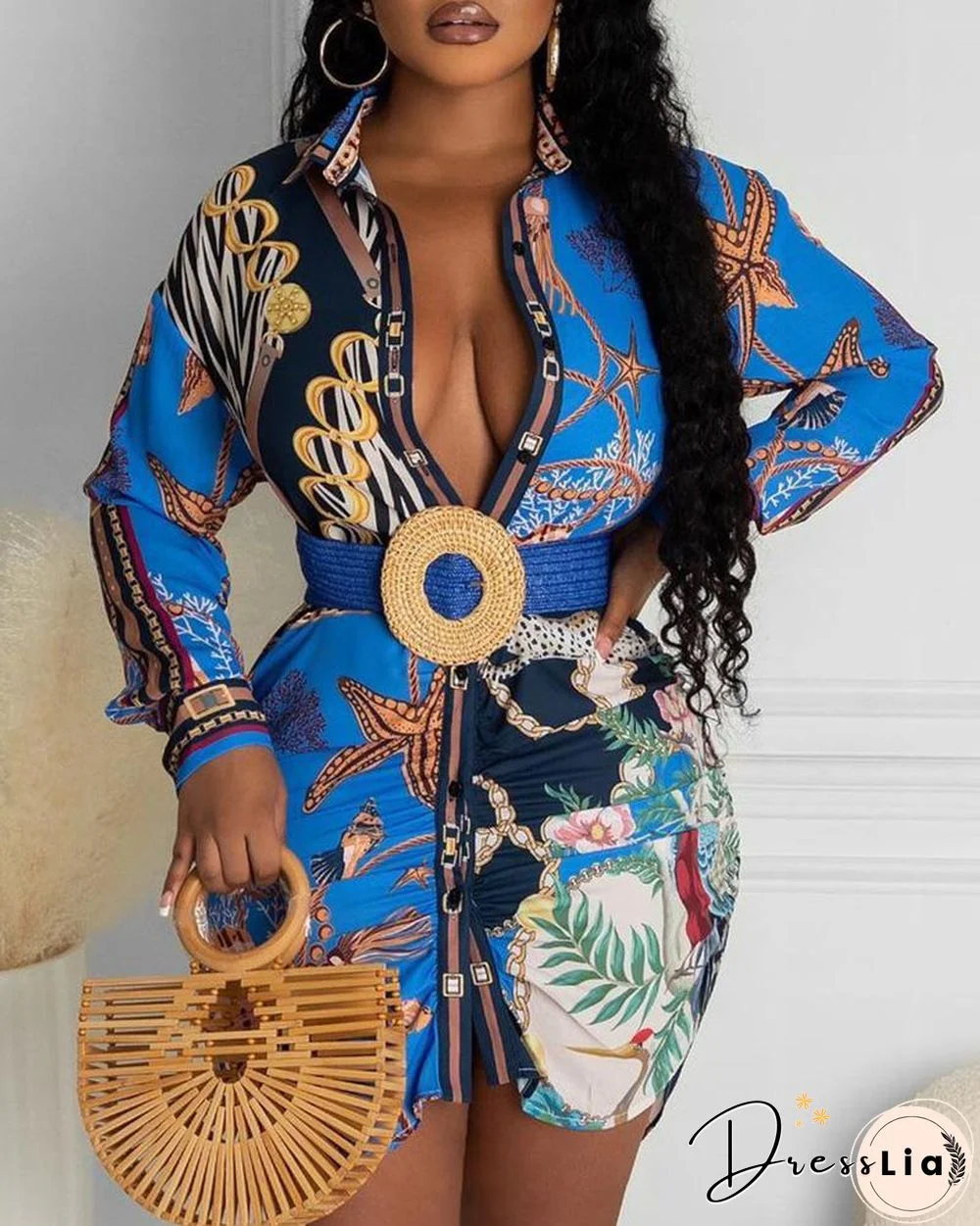 Tropical Graphic Print Long Sleeve Shirt Dress