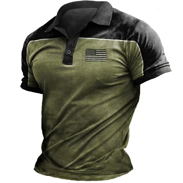 Men's Outdoor Tactical American Flag Colorblock Polo T-Shirt