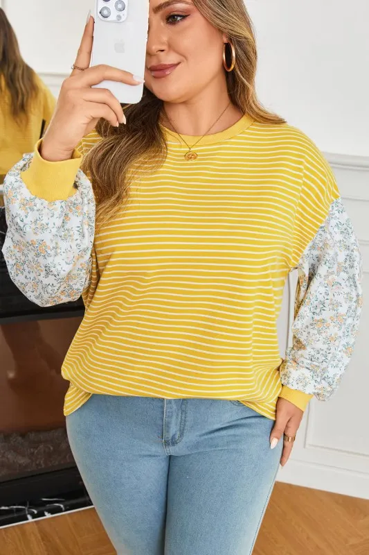 Plus Size Stripe Floral Patchwork Long Sleeve Top